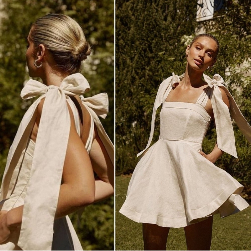 DISSH Aisle Pearl Linen Bow Tie Mini Dress Beige 12